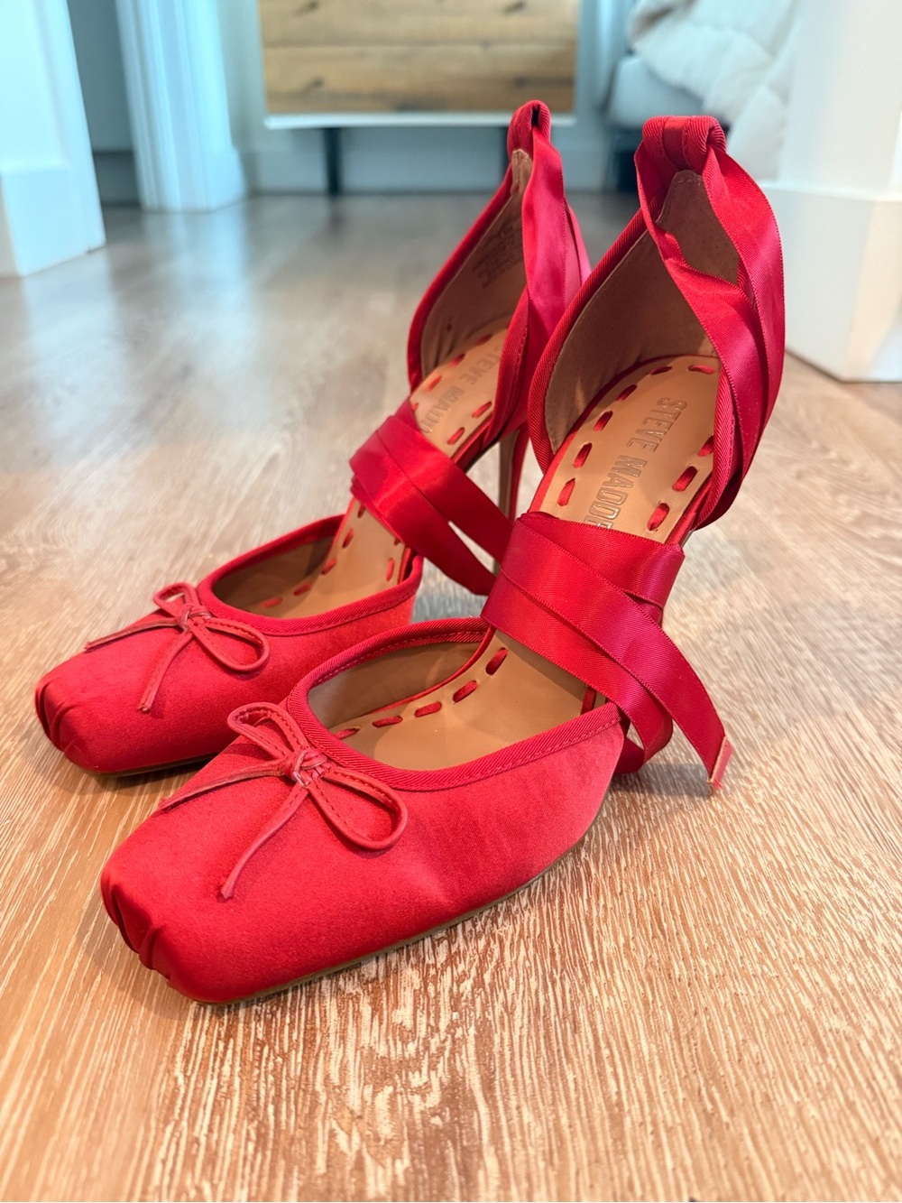 Red satin Steve Madden Larina ballet inspired heels with ribbon bow detail